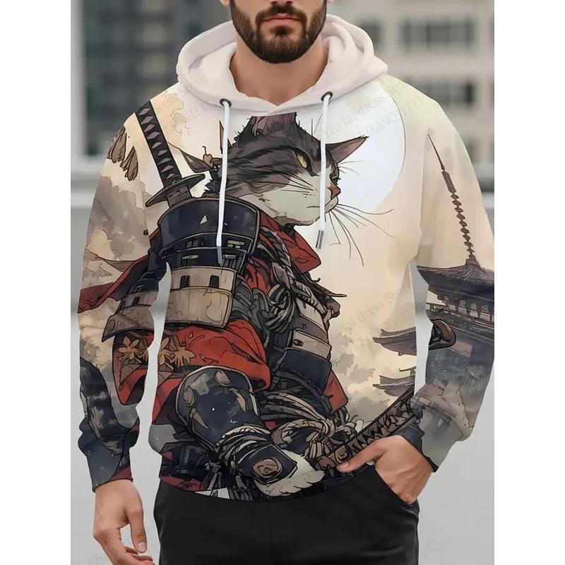 3D Print Men's Samurai Cat Graphic Hoodies Fashion Oversized Hoodie Sweatshirt Coat Mens Sport Tracksuit Sudaderas