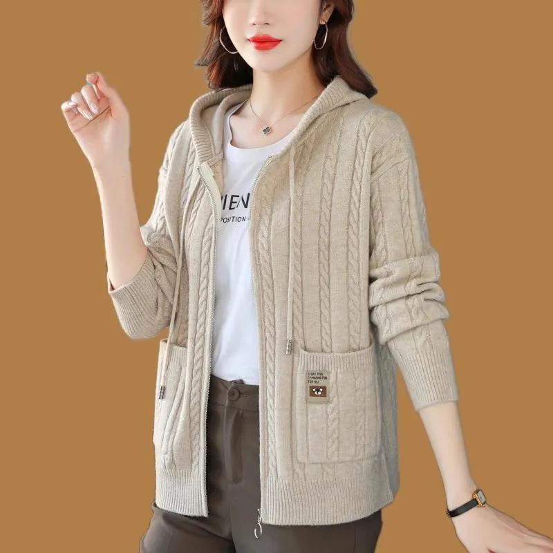 Podzimní kardiganový svetr bunda dámská s kapucí volný na zip svetr dámský elegantní pletené svrchní oblečení topy