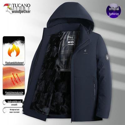 Woodpecker Men's Hooded Cotton Jacket - Thick, Warm, Plus Size Outerwear for Middle-aged Dads