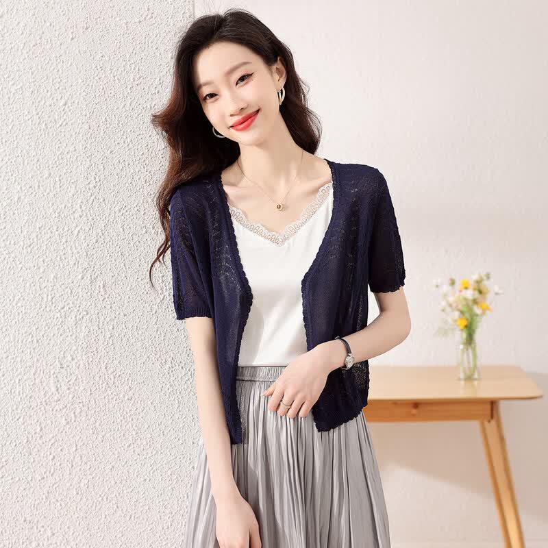 Sanpowa Women s Ice Silk Short Sleeve Cardigan L