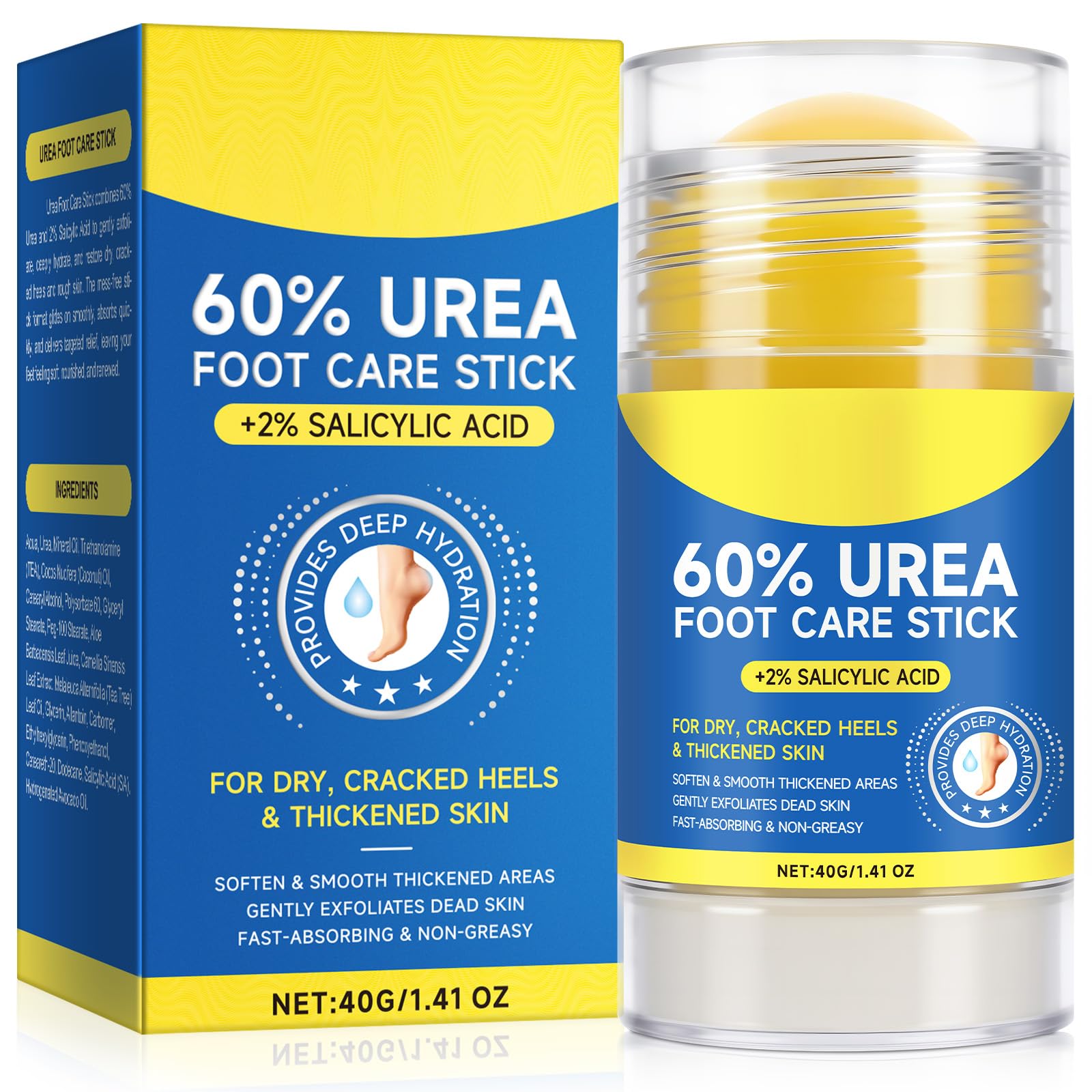 60% Urea Cream Stick plus 2% Salicylic Acid, Maximum Strength Urea Foot Cream Callus Remover for Dry Cracked Heels 1-Pack