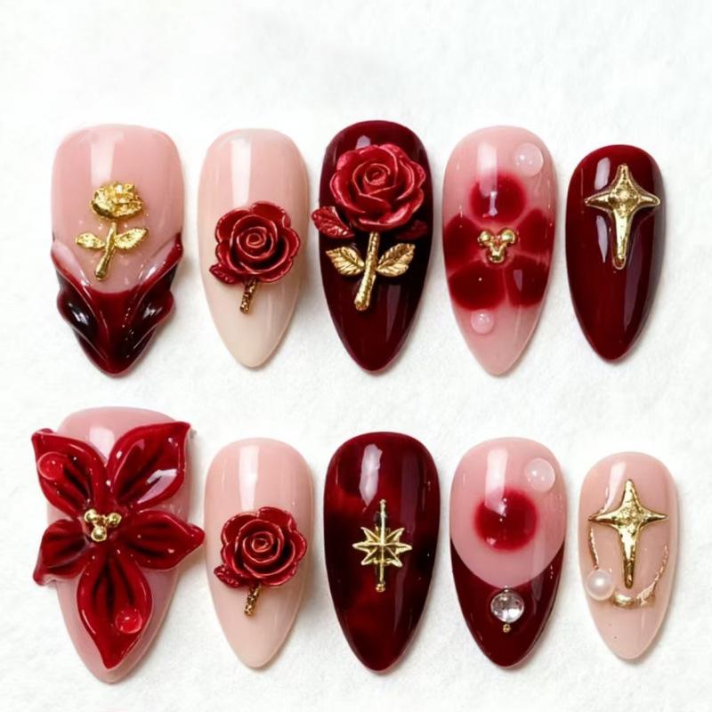 30-Piece Set of 3D Handmade Almond Gold Foil Wearable Nails with Rose Design