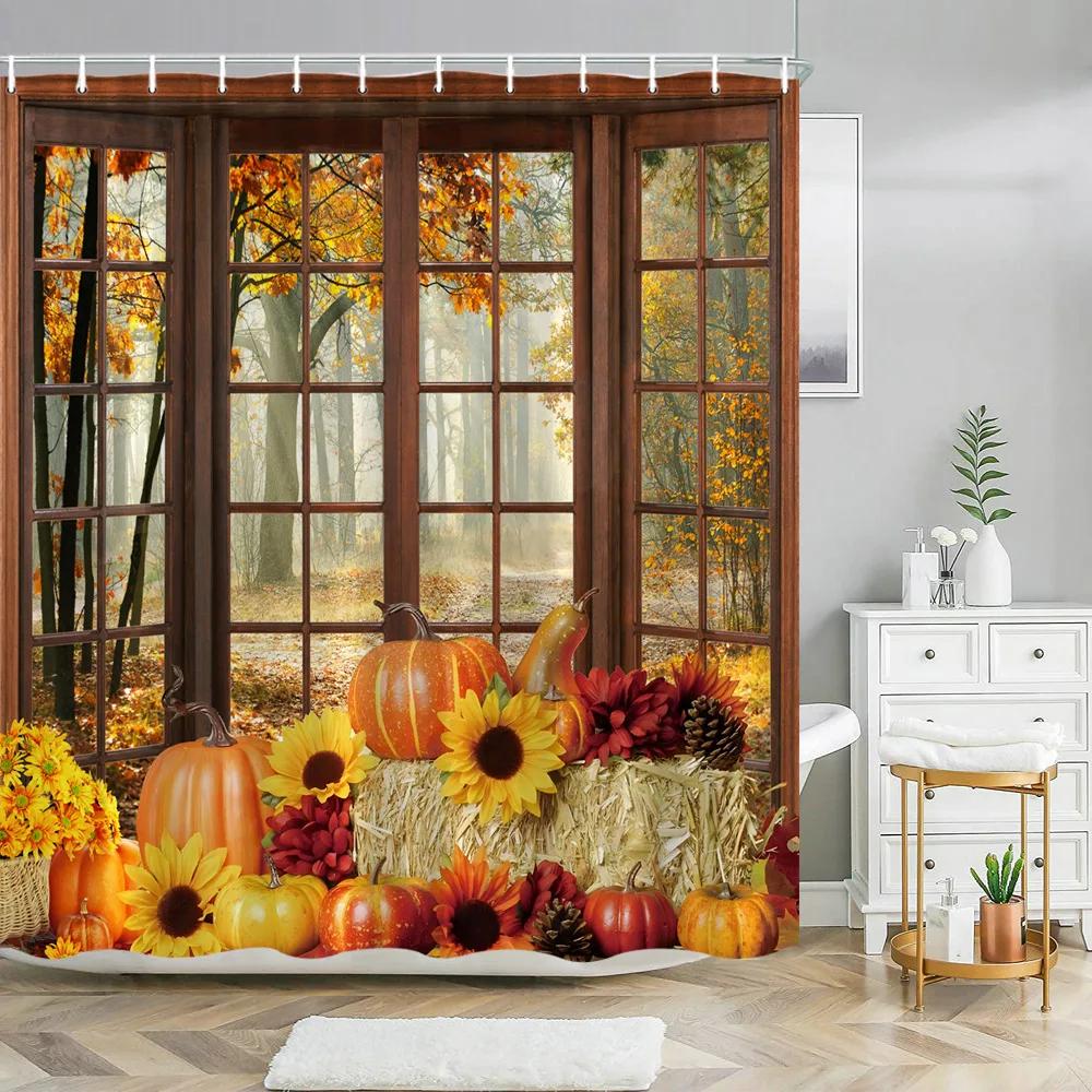 Fall Maple Shower Curtain Thanksgiving Harvest Pumpkin Orange Autumn Maple Leaves Sunflowers Fabric Bathroom Decor Bath Curtains