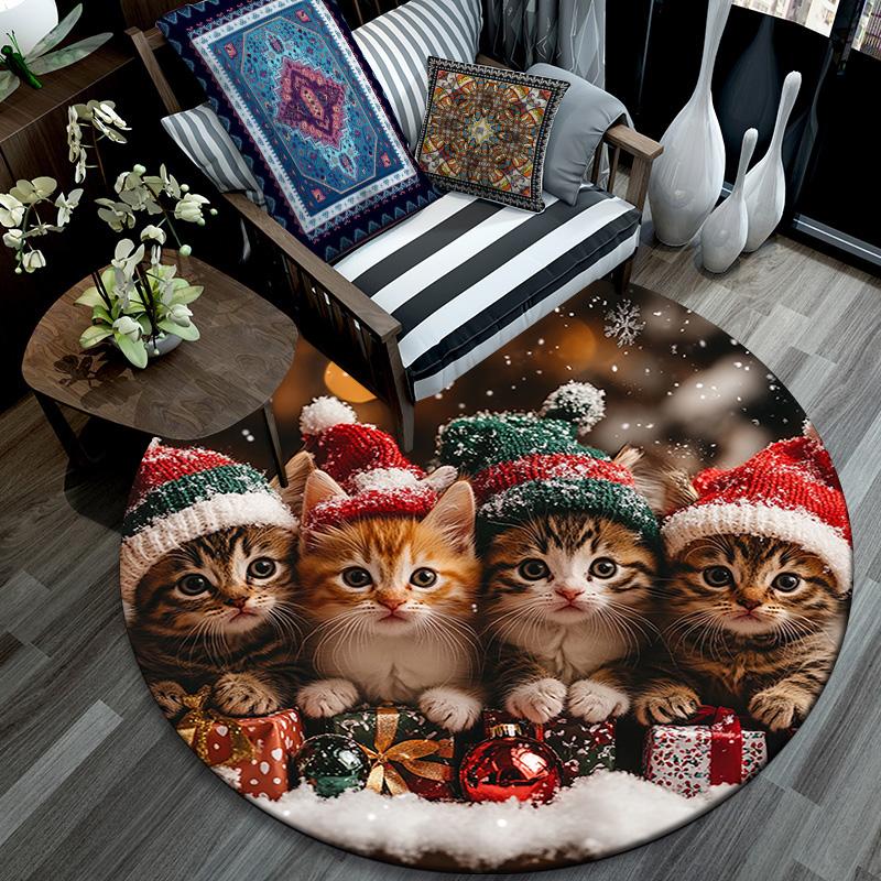 Christmas Kittens Round Area Rug,Carpet Rug for Living Room Bedroom Sofa Playroom Decor,Non-slip Floor Mat