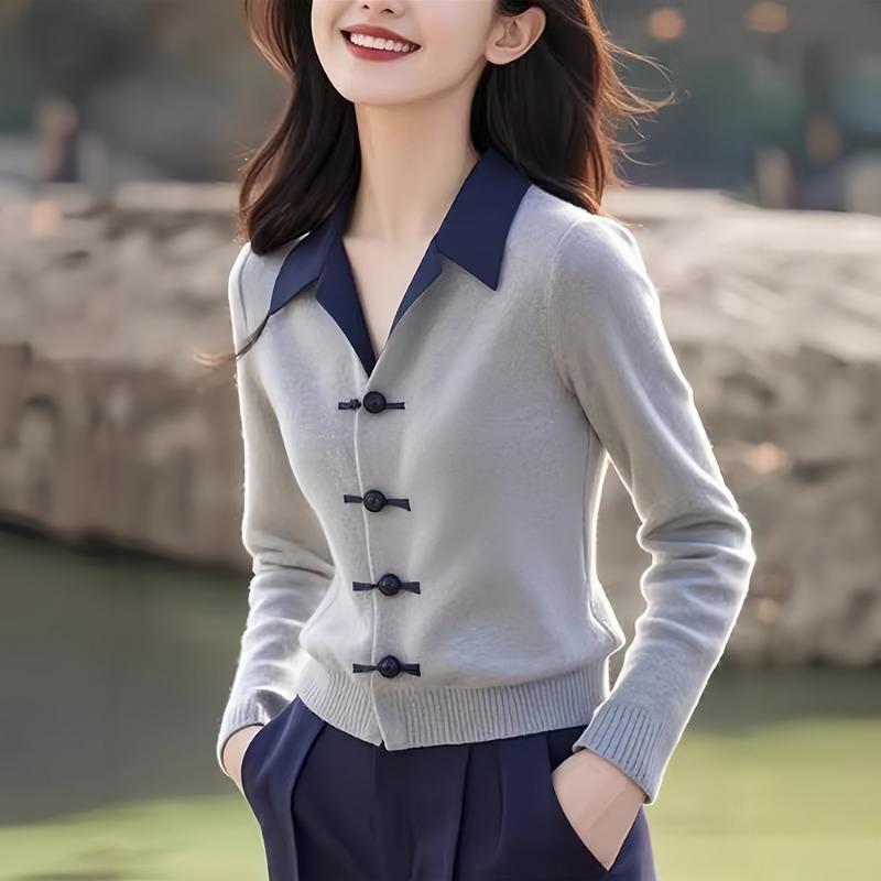 Grauer Reverspullover Gestrickte Strickjacke Damen Neu Frühling und Herbst Kleidung High-End Oberteil