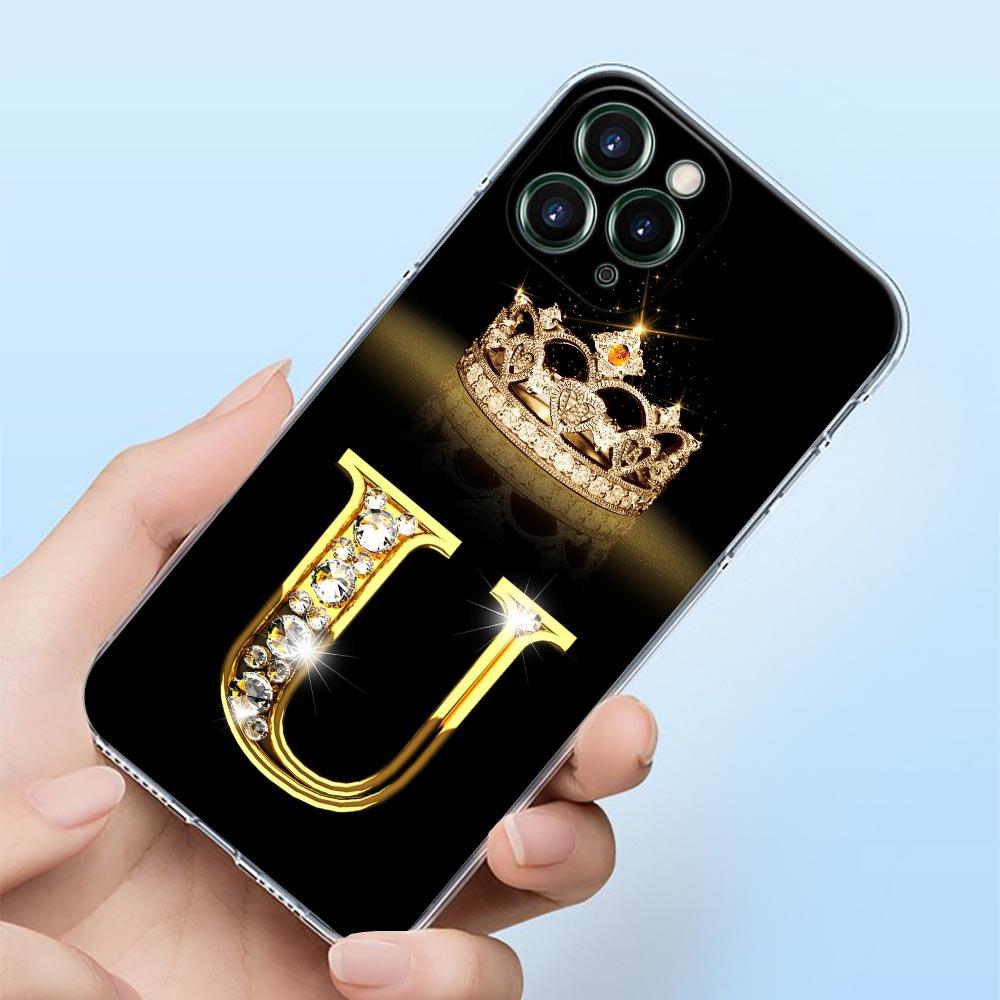 Diamond Crown First Initials Letter N T Z Shell Case for iPhone 15 16 11 12 13 14 Pro Max Mini 16 Plus Transparent Cover Fundas