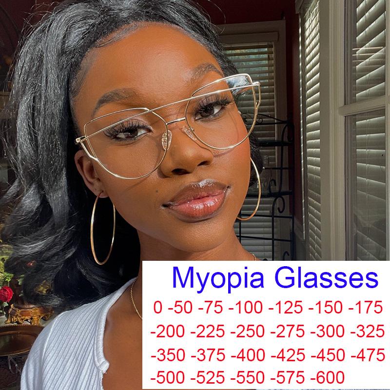 Blue Light Glasses Female Spectacle Cat's Blocking Clear Lens Nearsighted Luxury Spectacle Stylish Myopia -6.0 Feline Ladies 0 Eye Alloy Premium