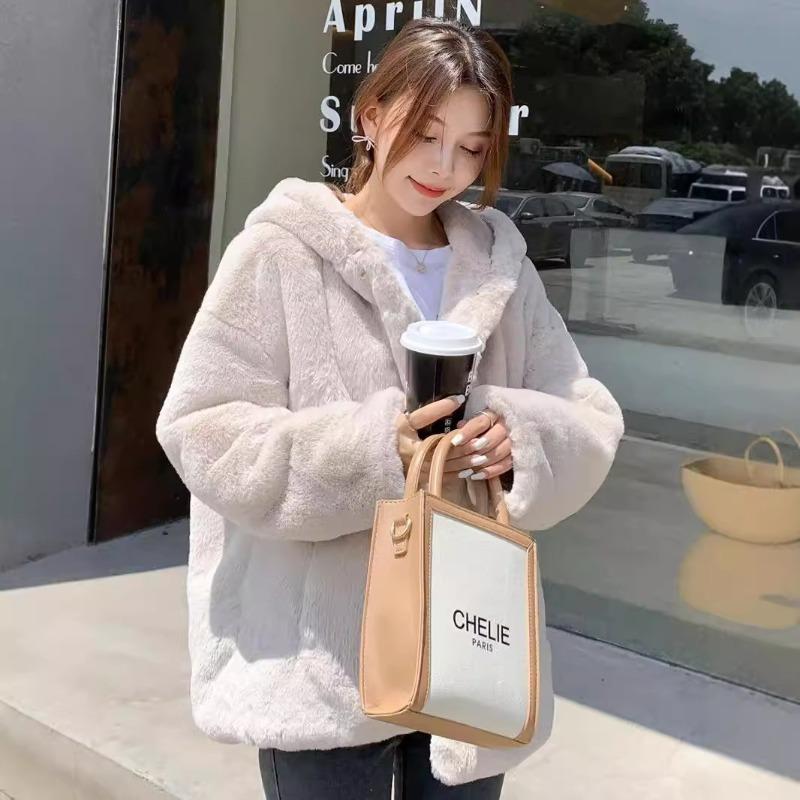 

Меховое теплое зимнее пальто, новый кроличий мех, свободная утолщенная плюшевая одежда, модная женская одежда с капюшоном L абрикосовый