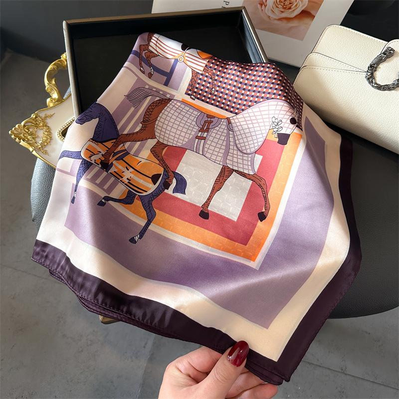 

Korean Striped Horse 70cm Small Square Scarf Women Summer Imitation Silk Scarf Headscarf Printed Scarves Professional Bandana 70X70CM