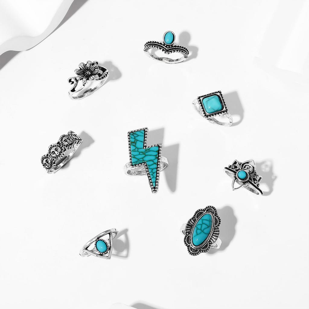 Combination Ring, Vintage Bohemian Lightning Flower Turquoise 8-Piece Set Jewelry