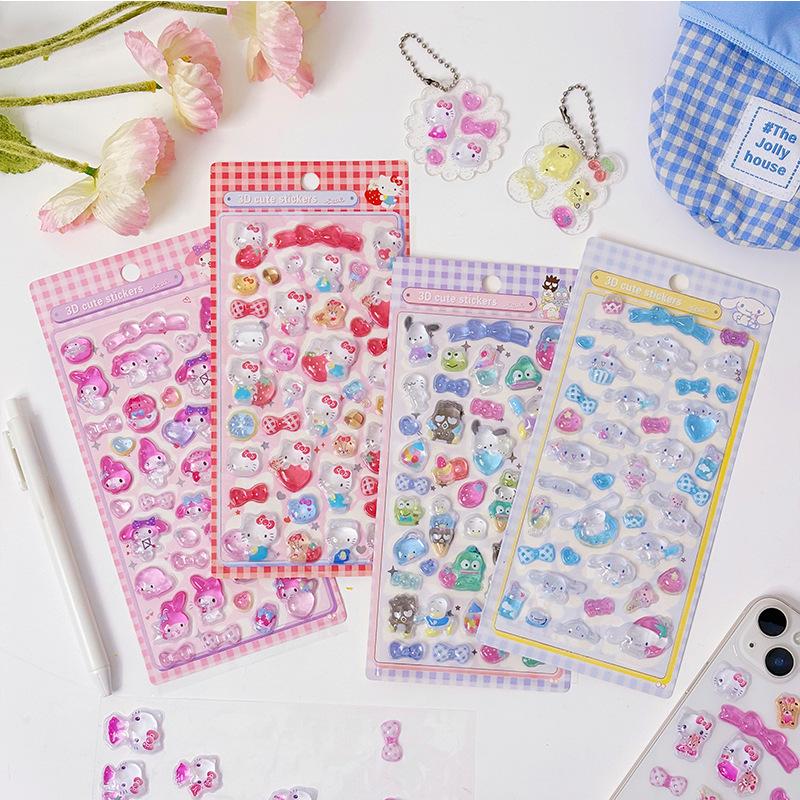 3D   Kuromi Cinnamoroll Stickers Cute Anime Transparent Jelly Crystal Decorative Sticker Note Phone Case DIY Toy