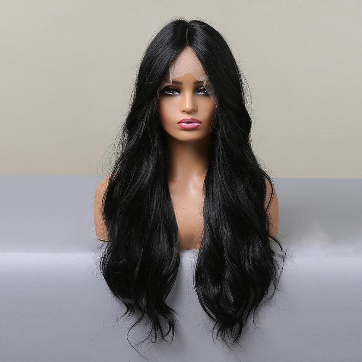 

Женские волосы 66 см, черные длинные вьющиеся волосы, Т-образные передние кружева, сетка для волос розового цвета, головные уборы, парики из чистой ручной работы, кружевные парики, парик канекалон 66cm чёрный