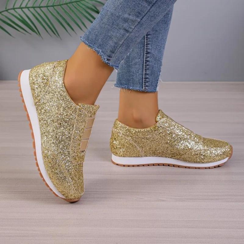 Luxury Women Loafers Causal Shoes Gold Silver Sequin Leather Shoes for Womens Four Season Slip-on Sneakers Women's Flat Shoes