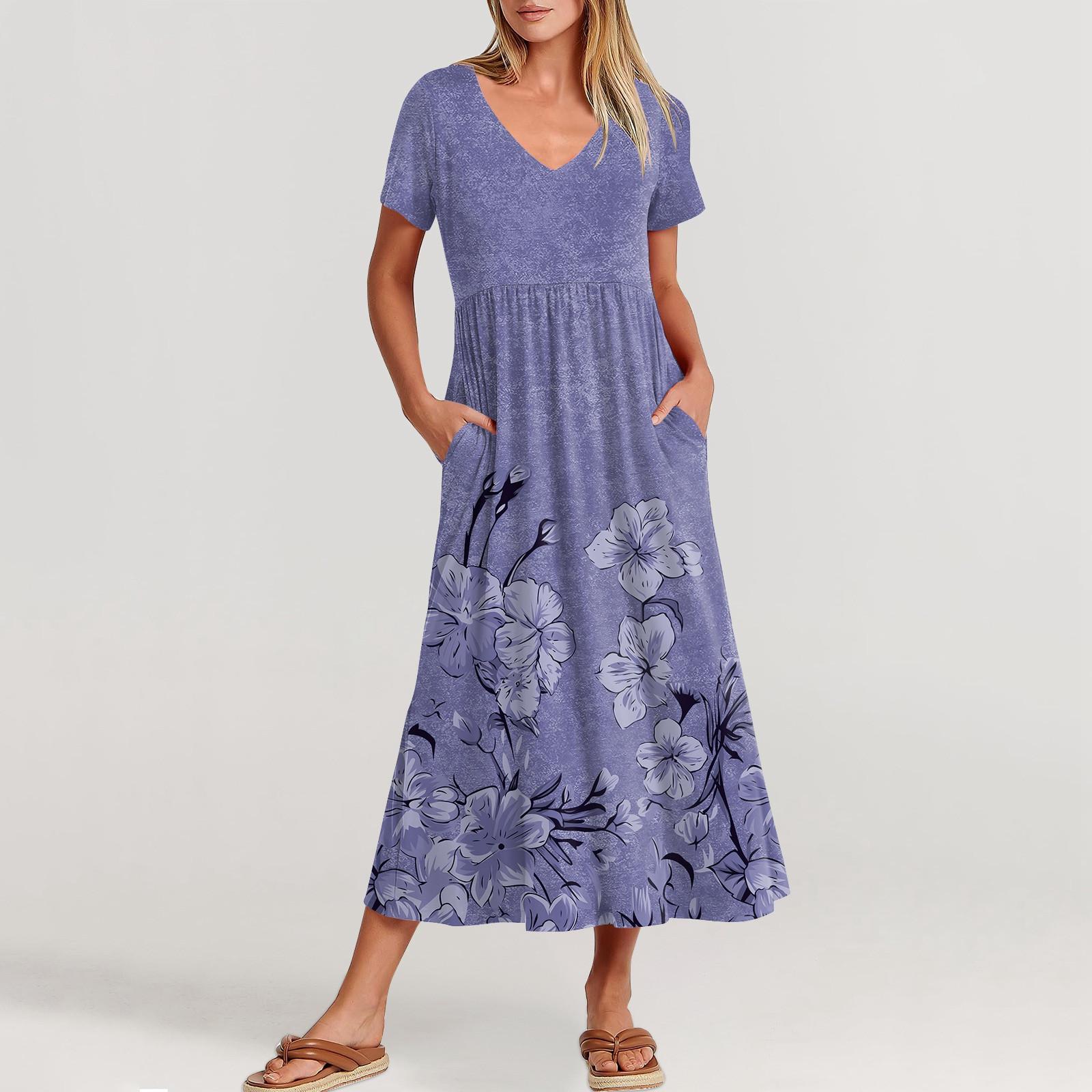 

Жіночі повсякденні сукні з кишенями, спадаюча максі-спідниця, жіноча літня максі-сукня з V-подібним вирізом і короткими рукавами M фіолетовий