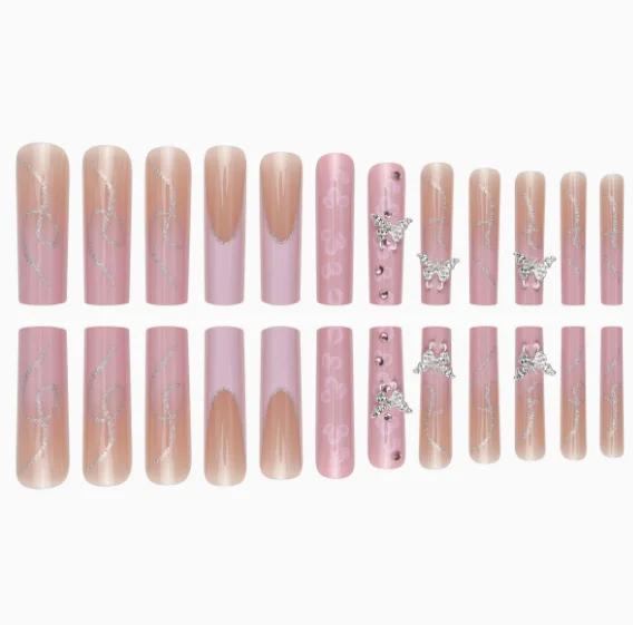 24Pcs Long Coffin Pink French Press On Nails, 3D Flower & Butterfly Rhinestone Decor Fake Nails for Women