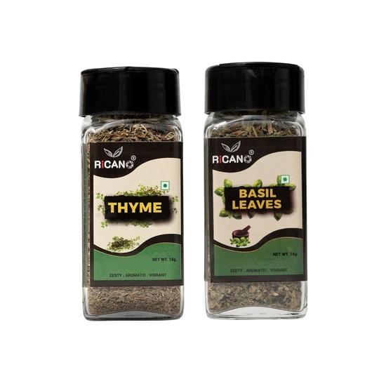 Ricano Thyme 15g & Basil Leaves 15g Combo (Pack of 2) | Freshly Dried | Natural Herbs | Perfect for Pizza, Pasta, Salads & Soups | No Additives