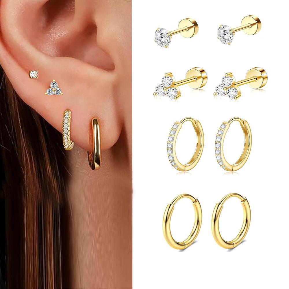 14K Gold Stainless Steel Earrings Flat Back Earrings Small Cartilage Hoop Earring for Women Hypoallergenic Multiple Piercing
