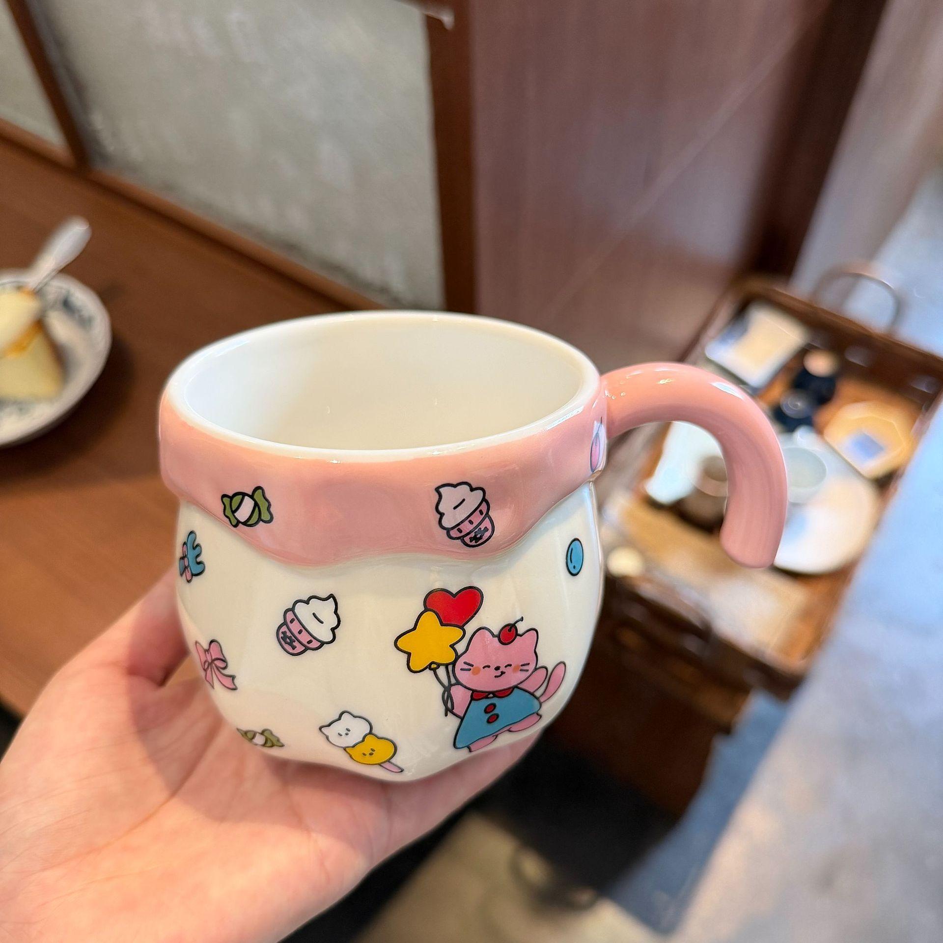 Ceramic Cup With Lid Cute Mug High Value Water Cup Female Couple Home Coffee Breakfast Cup 301-400ml