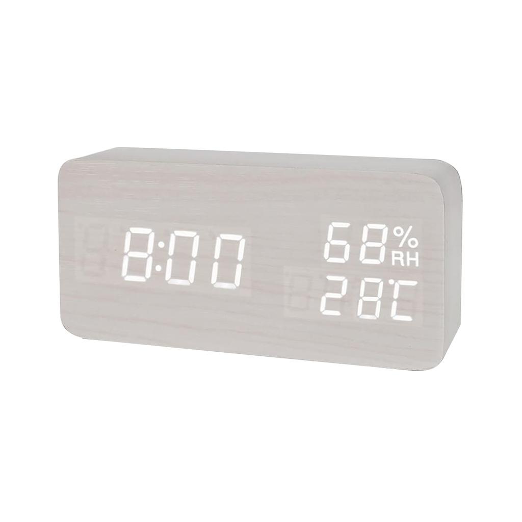 Multifunctional Digital Wooden Alarm Clock with LED Display Temperature Humidity Monitor and Adjustable Brightness for Bedroom Office