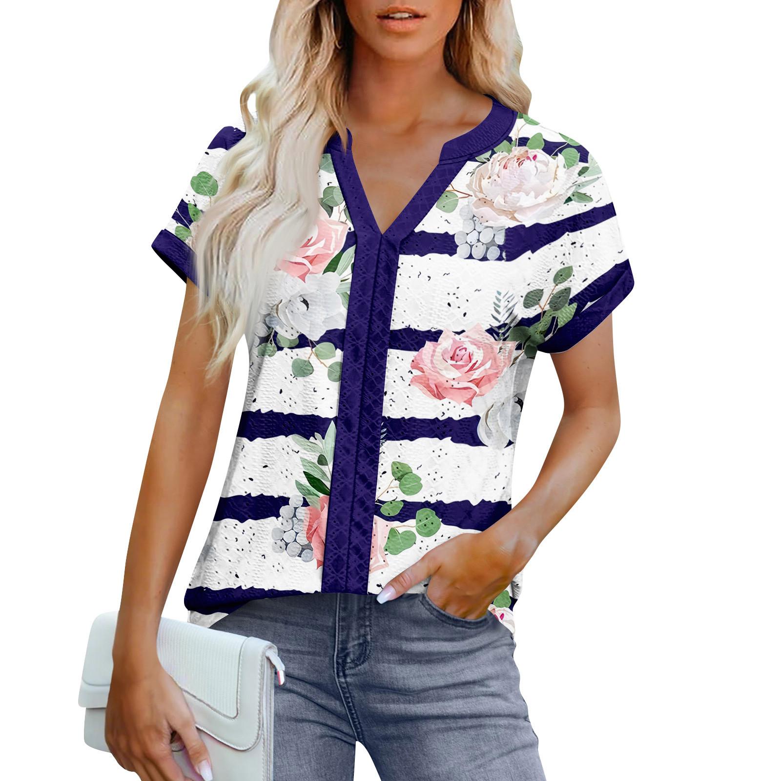 

Женские топы с коротким рукавом V-образным вырезом, блузка, нарядная повседневная одежда с принтом и вышивкой, летняя модная одежда XL розовый