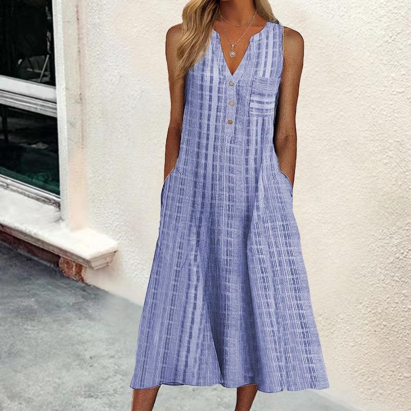 Summer Fashion Print V-neck Plus Size Dress Women Pocket Striped Sleeveless Casual Dresses Women Solid Elegant Loose Dress Lady 24260