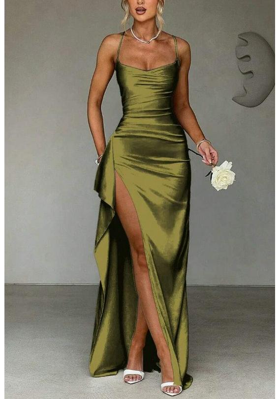 2026 Summer Solid Color Off-Shoulder Satin Sleeveless Strap Dress for Women