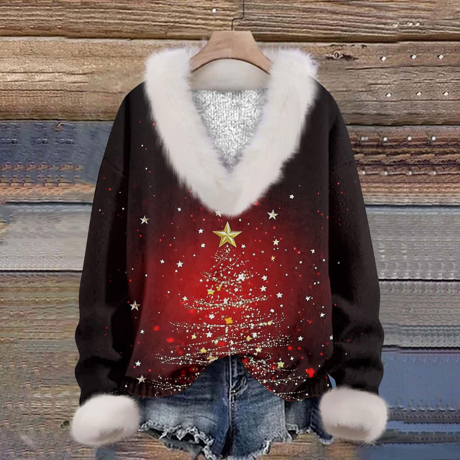 

Женская мода повседневный рождественский принт с длинным рукавом и V-образным вырезом пуловер для волос XXL винный