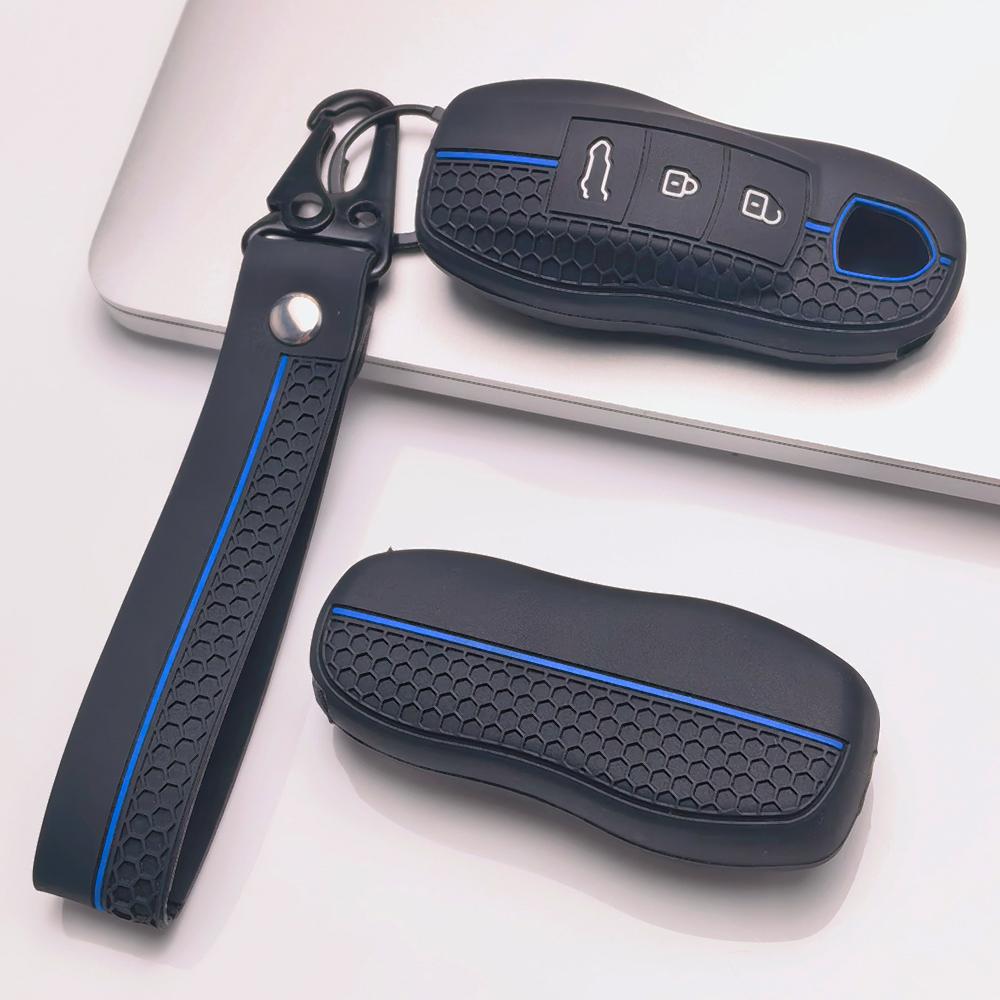 Anti Slip Car Key Protector for Porsche Cayenne Macan Panamera 911 Boxster Cayman Taycan with Keychain Honeycomb Texture Shockproof Key Fob Protector