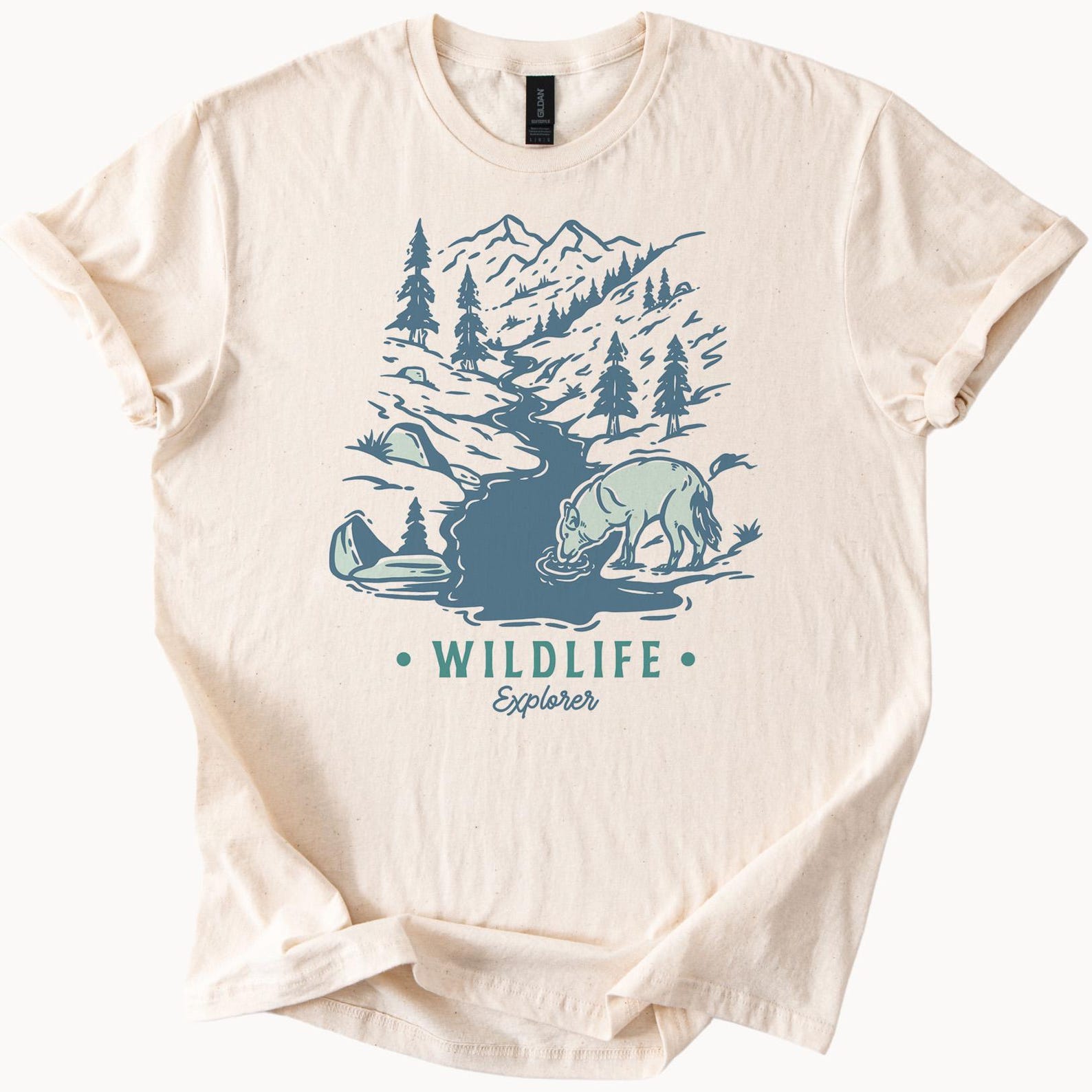 Wildlife Explorer Bear Drinking from Mountain Stream Nature Scene Graphic Tee Outdoor Adventure Shirt Forest River Design 140