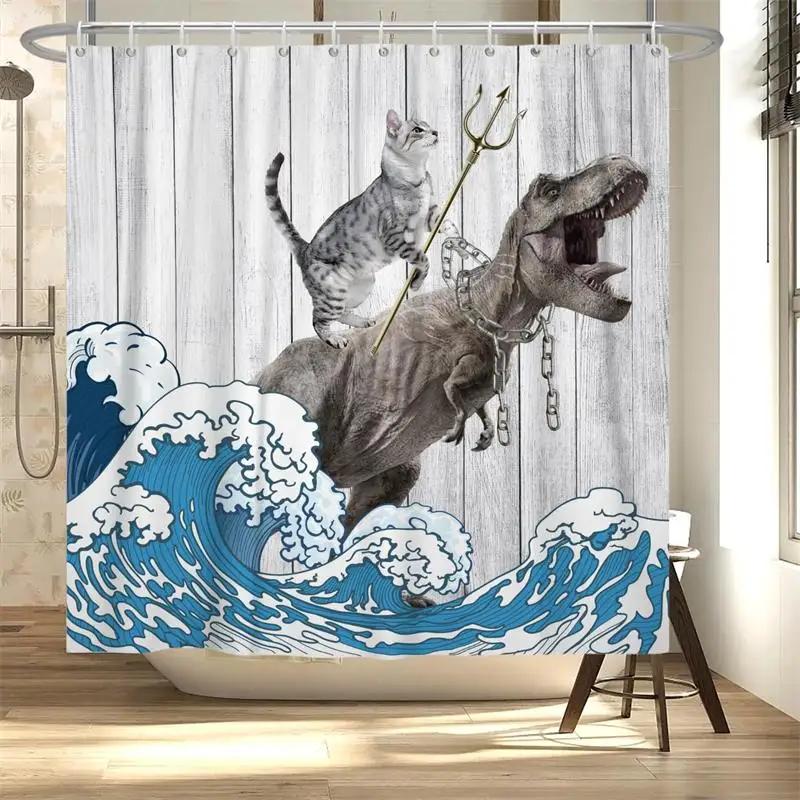 Lustige Katze reitet auf Dinosaurier Duschvorhang Niedliches Tier Meereswellen Surfbrett Kreatives Kinder Badevorhang Set Stoff Badezimmer Dekoration Polyester Fenster