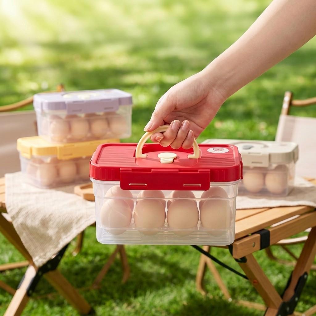 Egg Storage Box Refrigerator Organizer Stackable Plastic Food Containers With Lids Portable Handle Space Saving Kitchen Holder