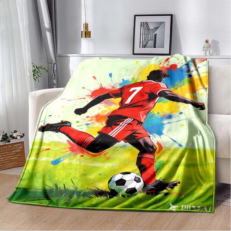 Number 7 Football Player Red Jersey Color Splash Print Flannel Blanket Soccer Athlete Green Grass Field Soft Throw Blanket Sofa Bedroom Decor Blanket