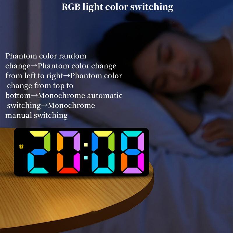 

9 Colors Dynamic RBG Digital Alarm Clock Date 3 Levels Volume Snooze Table Clock 4 Levels Brightness 12/24H Electronic LED Clock