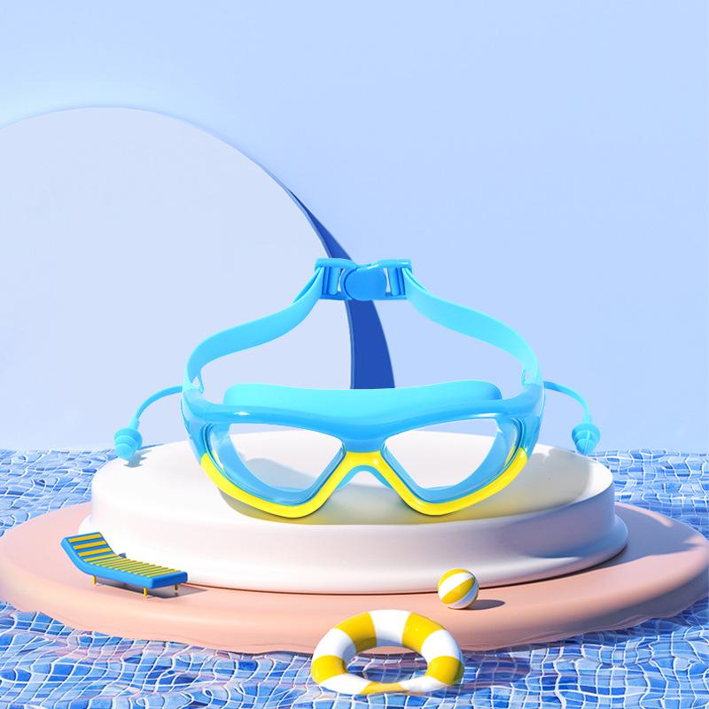 Kinder Wasserdichte, Beschlagsfreie Schwimmbrille mit Ohrstöpseln – Großer Rahmen, HD Taucherbrille für Jungen & Mädchen.