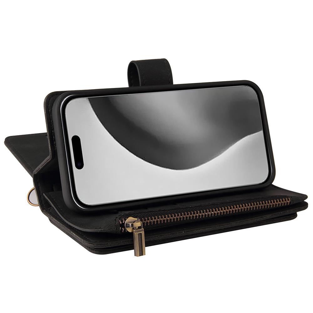 For iPhone 16 Pro Max Zipper Wallet Case with 15 Card Slots and Strap Leather Phone Cover