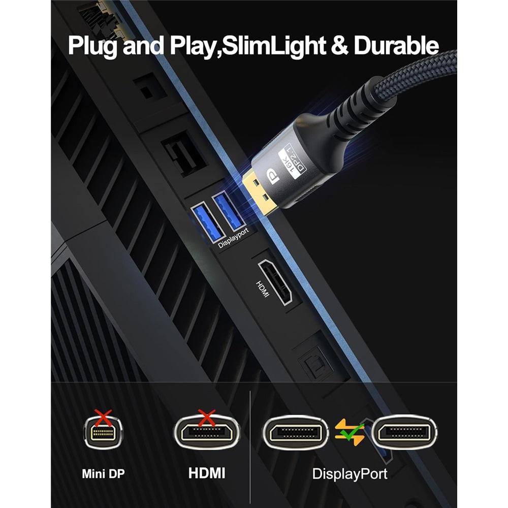 16K DisplayPort Cable 2.1 DP [16K@60Hz,8K@120Hz,4K@240Hz] 80Gbps, HDR10, DSC1.2a, G-Sync, FreeSync,Braided Display Port For Gaming Monitor TV Graphics
