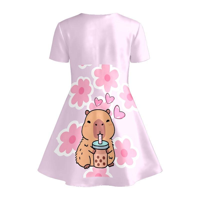 Little Girls 3 Styles Cute Anime Game Capybara Cartoon Print Round Neck Short Sleeve A-Line Kids Summer Flared Swing Dress
