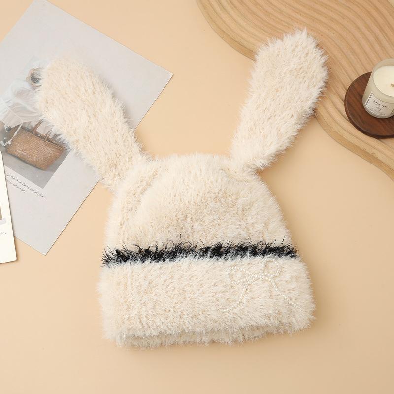 

Милый и Универсальный Бант с Длинными Ушами Кролик Плюшевая Шапка Осень и Зима Мода Большая Голова Фланцевая Головная Шляпа Ветрозащитная и Теплая Шапка One Size