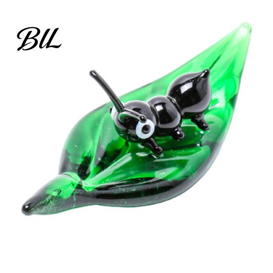 Handcrafted Mini Sculpture Hand Blown Glass Insect Figurine Faux Crystal Ladybug Snail Bee Butterfly Small Home Accent Piece on Green Leaf Statue E