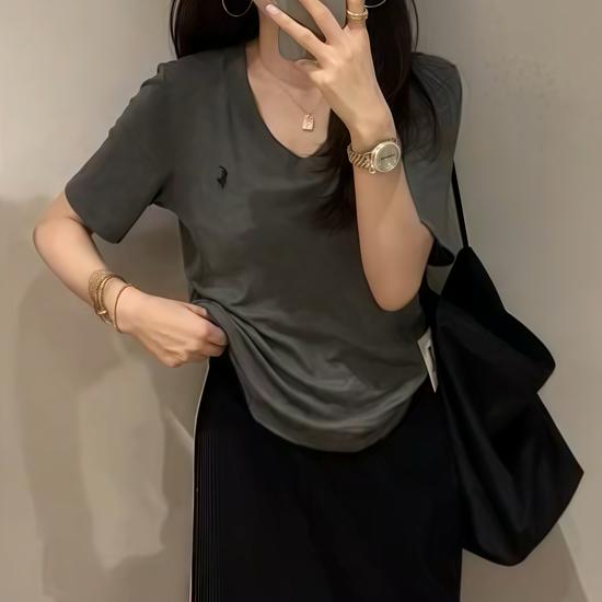 

Women s V-Neck Shoulder Straight Short Sleeve Summer T-Shirt - 2025 Slimming Loose Fit Medium сірий колір