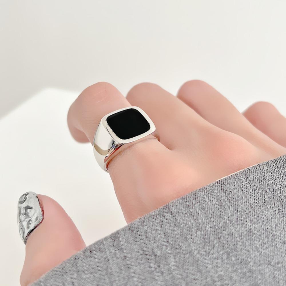 Classic Simple Black Square Opening Rings for Men Women Unisex Personality Sliver Color Stainless Steel Jewelry Accessories Gift