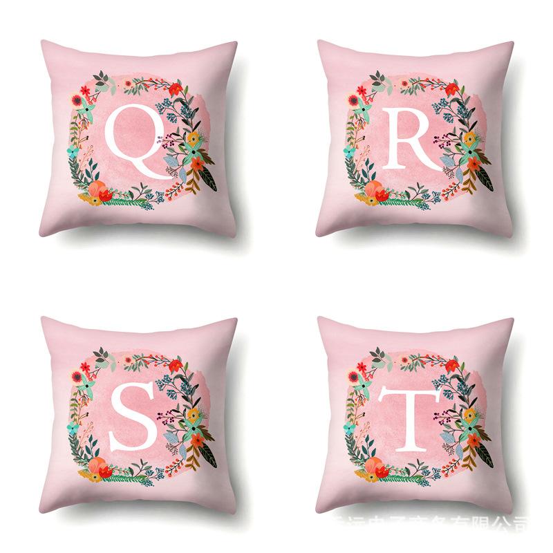 Polyester Pillowcase Pink Flower Home Decoration Print 26 English Letter Cushion Pillowcase