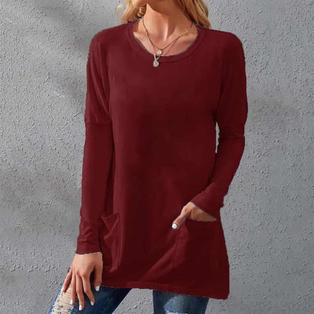 Ladies Casual Fashion Color Loose Round Neck Long Sleeve T-Shirt With Pockets