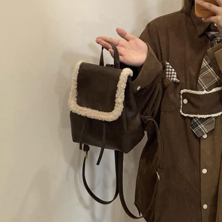 Winter Vintage Plush Backpack Female Instagram Simple Lamb Wool Patchwork Bag Female