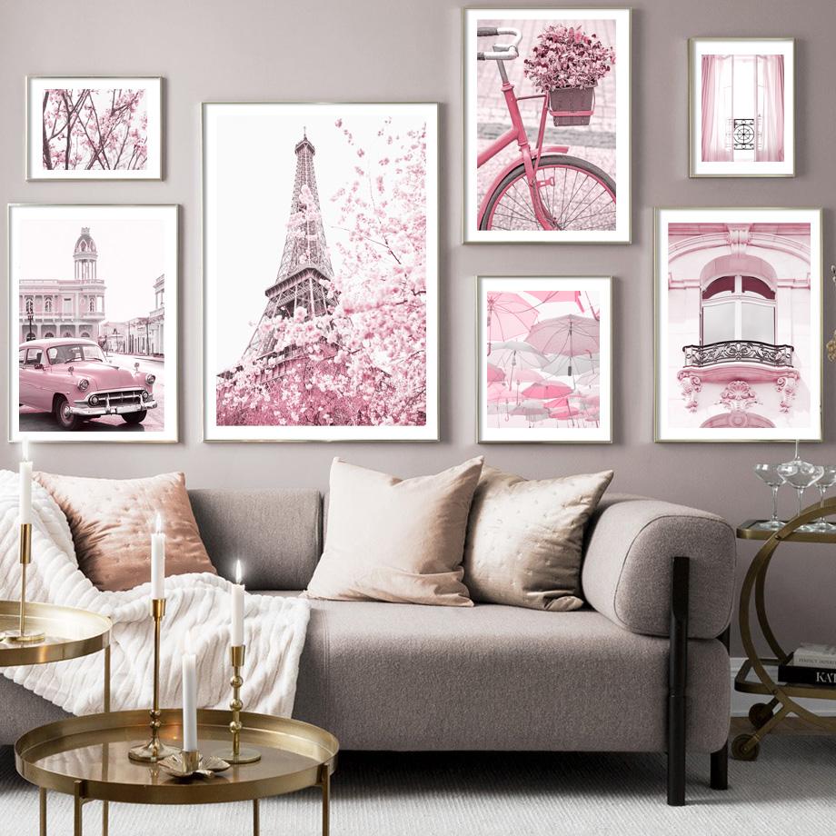 Rosa Blume Balkon Turm Paris Auto Fahrrad Regenschirm Wand Kunstdruck Leinwand Malerei Nordic Poster Decor Bilder Für Wohnzimmer