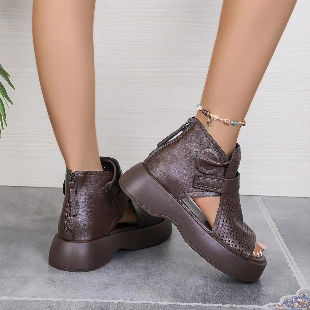 New Women's Hollow Breathable Hole Shoes Thick Sole Leather Fish Mouth Hook Loop Retro Comfortable Wedge Sandal Plus Size 43