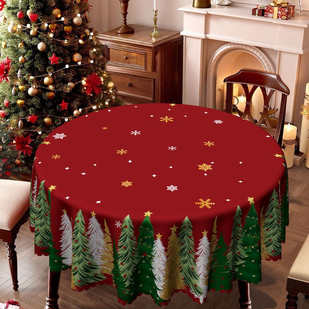 Christmas Red Round Table Cloth, Christmas Tree Snowflake Print, Waterproof And Oil-Proof Round Table Cloth, Dinner Party Table Cloth