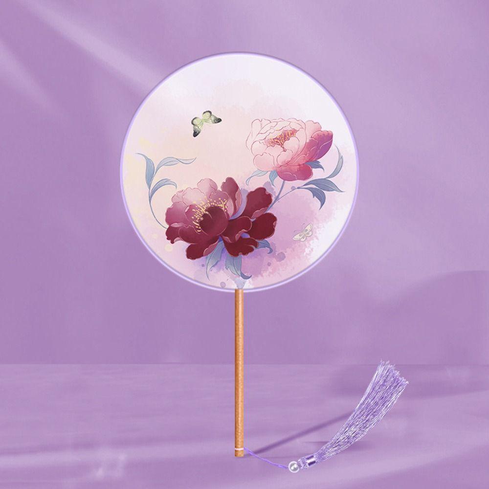 Half Transparent Ancient Style Fan Long Handle Ink Painting Round Hand Fan Silk Embroidered Small Round Silk Fan