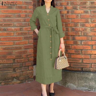 Women Casual Stand Collar Long Sleeve Loose Dress