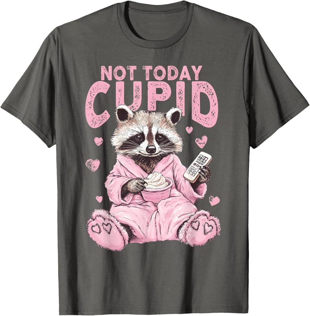 Not Today Cupid Pink Raccoon Funny Anti Valentine's Day Graphic T-Shirt Casual Tee Tops